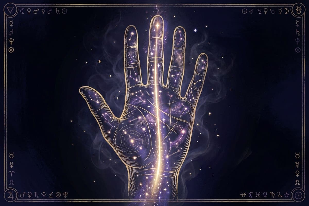 An open palm in gold engraving on deep indigo, the fate line lit from the wrist to the middle finger