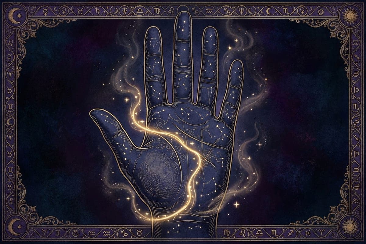 An open palm in gold engraving on deep indigo, the life line lit in a curve around the thumb