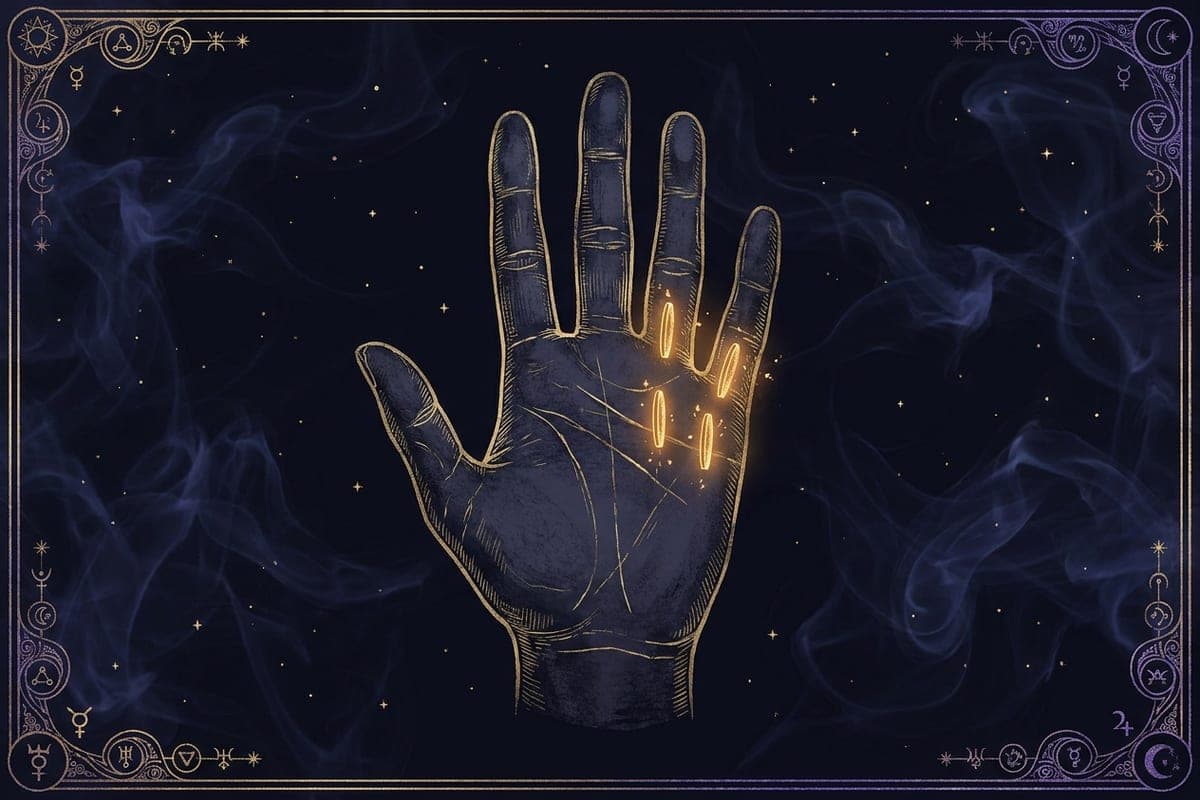 An open palm in gold engraving on deep indigo, the small lines beneath the fingers lit like coins